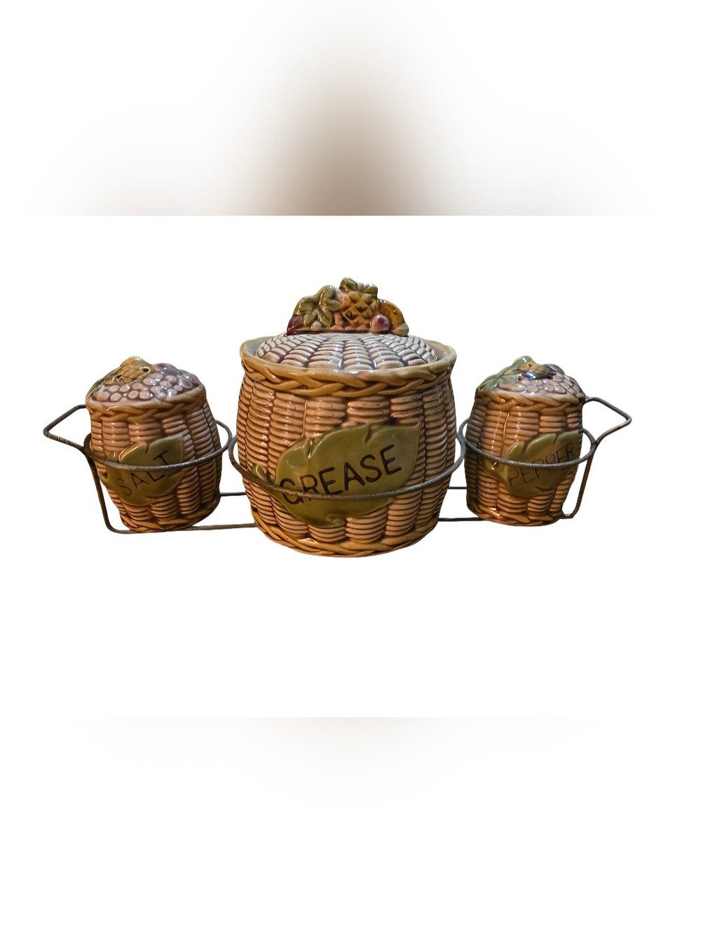1970s Tilso Japan Ceramic Basket Weave Grease Jar/ Salt & Pepper Shaker w/ Caddy